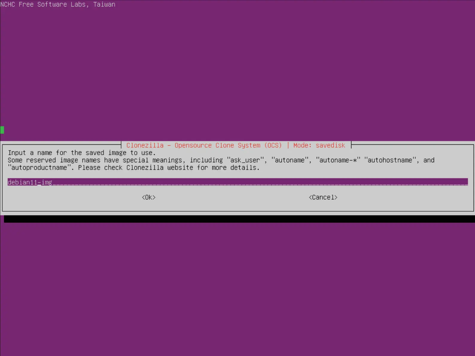 Screenshot of Clonezilla interface prompting the user to input a name for the saved disk image, with examples of reserved names like 'ask_user' and 'autoname'. The name 'debian11-img' is shown as an example.