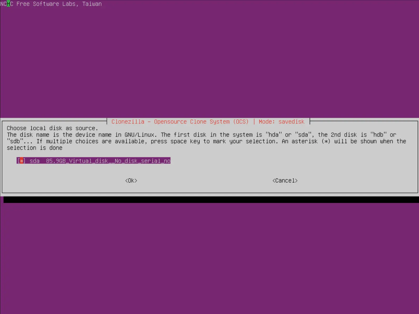 Screenshot of Clonezilla interface showing the selection of a local disk as the source for imaging, highlighting the disk sda with a size of 85.9GB labeled as Virtual_disk_No_disk_serial_no