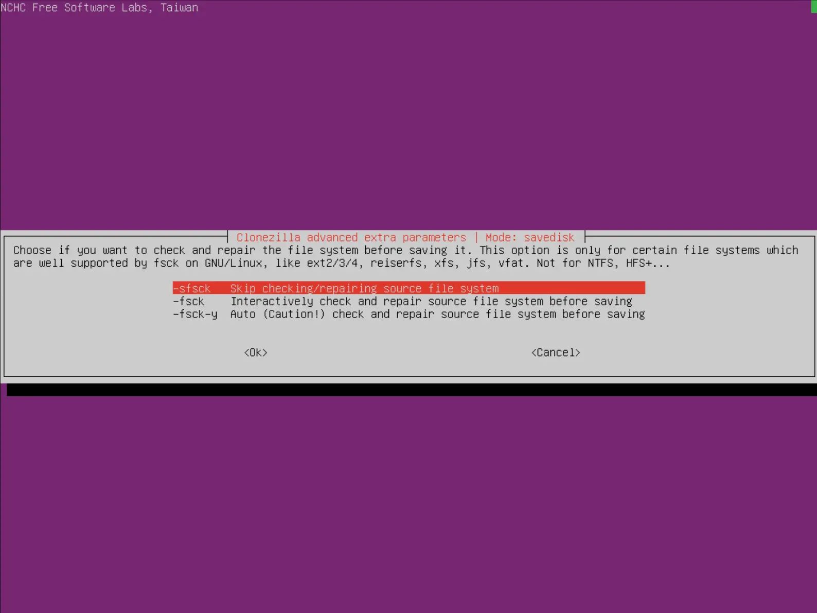 Screenshot of Clonezilla interface showing options to check and repair the file system before saving, including skipping the check, interactive repair, and automatic repair with caution for supported file systems like ext2, ext3, ext4, and reiserfs