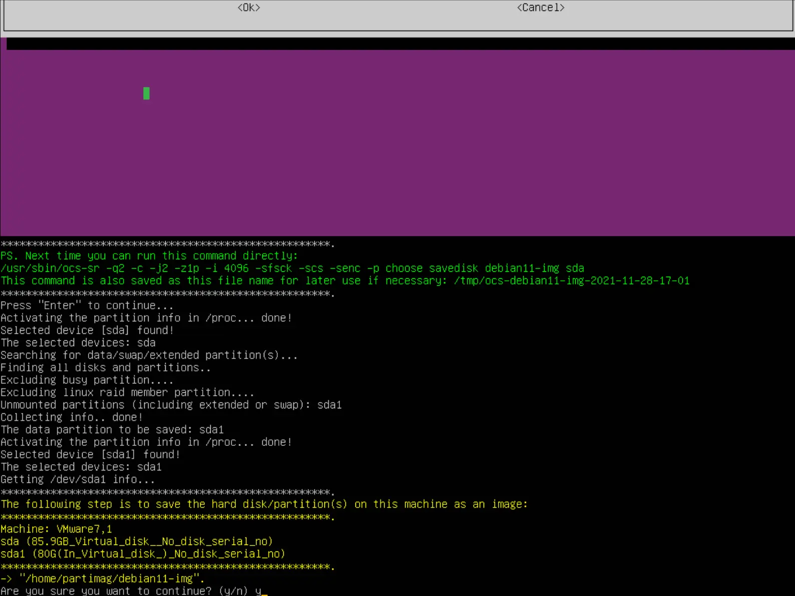 Screenshot of Clonezilla showing the backup process log, including details of the selected device sda, partition information, and the generated command to save the image as debian11-img