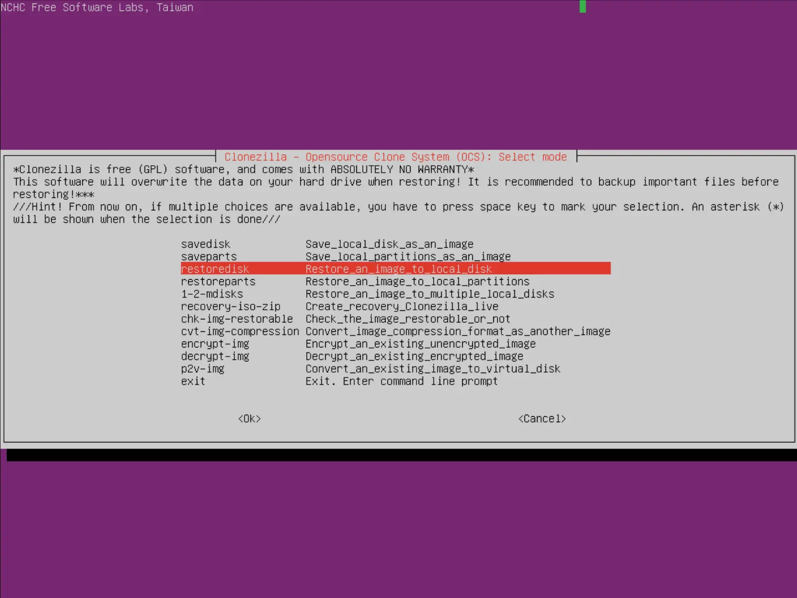 Screenshot of Clonezilla menu displaying options to save or restore disks and partitions, including savedisk, saveparts, restoredisk, restoreparts, and additional advanced options like encryption and conversion