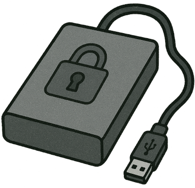 Encrypted USB external drive on Linux Illustration of a USB external drive with a padlock, symbolizing full-disk encryption on Linux