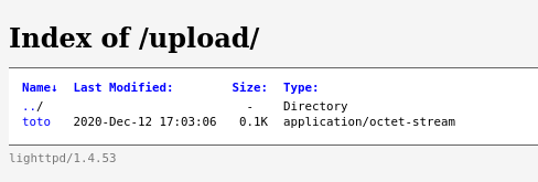 Directory listing of /upload/ folder on Lighttpd server showing a file named toto with details