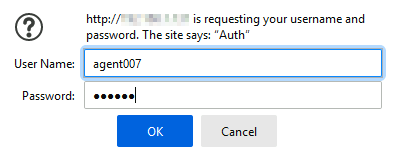 Authentication prompt requesting username and password, showing username as 'agent007' and obscured password