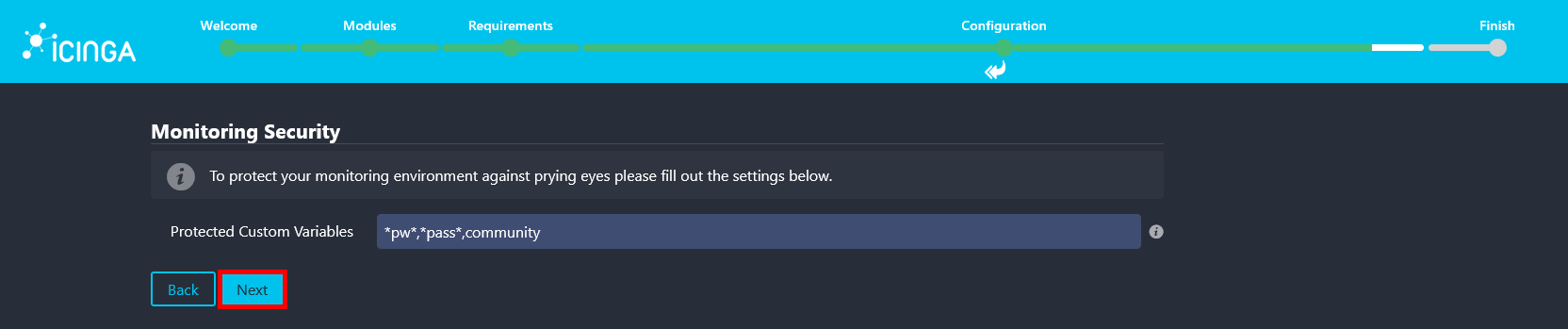 Icinga Web 2 monitoring security configuration screen showing protected custom variables settings.