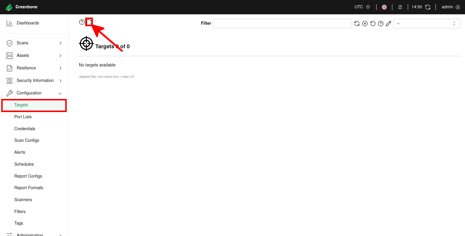 GVM web interface showing how to add a new target from the Targets menu
