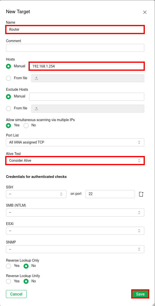 GVM form to create a new scan target, showing name, IP address, alive test, and save button.