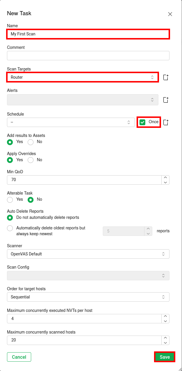 New Task form in Greenbone Vulnerability Manager on Kali Linux 2025 showing fields for Name, Scan Targets, Schedule set to Once, and the Save button