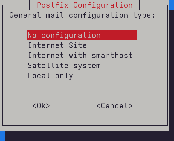 Screenshot of the Postfix installation prompt on Debian showing the 'No configuration' option selected during setup.