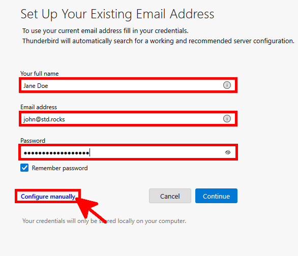 Screenshot of the Thunderbird email setup window showing fields for full name, email address john@std.rocks, password, and the Configure manually button.