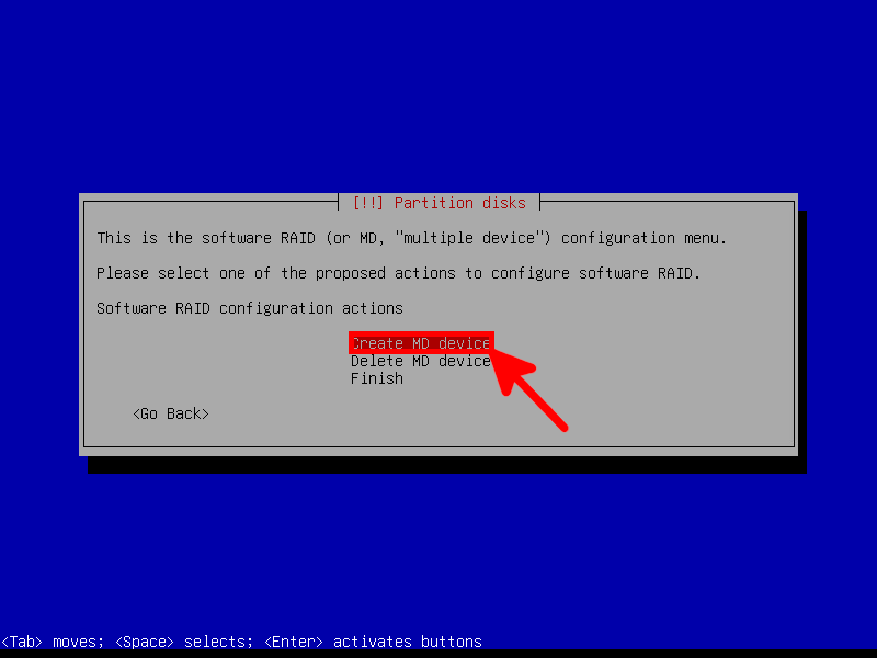 Debian interface for software RAID configuration showing the option to create a new MD device for RAID setup.