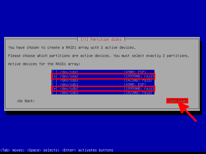 Debian interface for selecting active devices during RAID 1 configuration, showing chosen partitions for the RAID array.