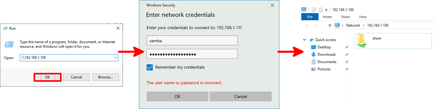 Step-by-step process to access a Samba network share on Windows, showing entering network credentials and accessing the shared folder.