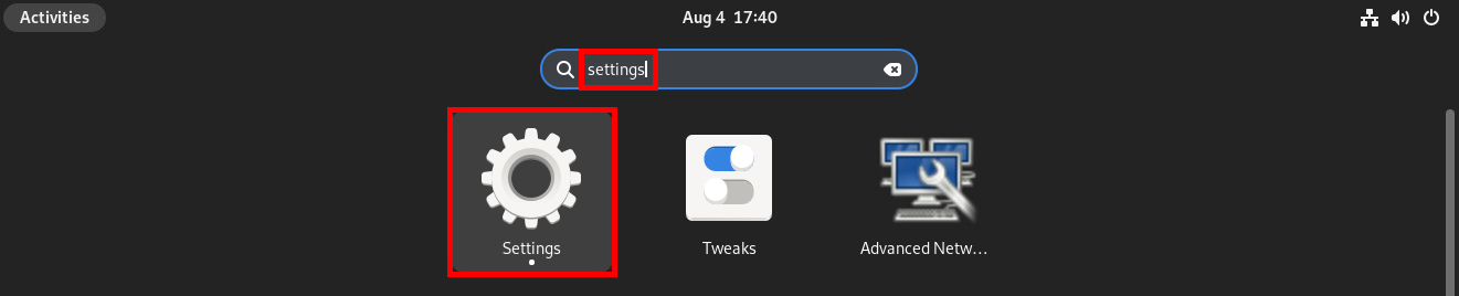 GNOME desktop showing the settings icon highlighted