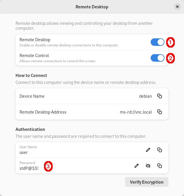 Remote Desktop settings window showing options to enable desktop and remote control, device name, remote desktop address, and authentication fields