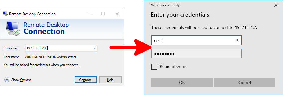 Screenshot showing Remote Desktop Connection window on the left and Windows Security credential prompt on the right