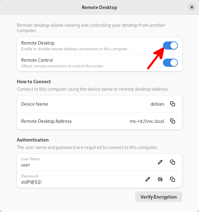 Remote Desktop settings dialog with the Remote Desktop toggle turned on, showing connection details and authentication options