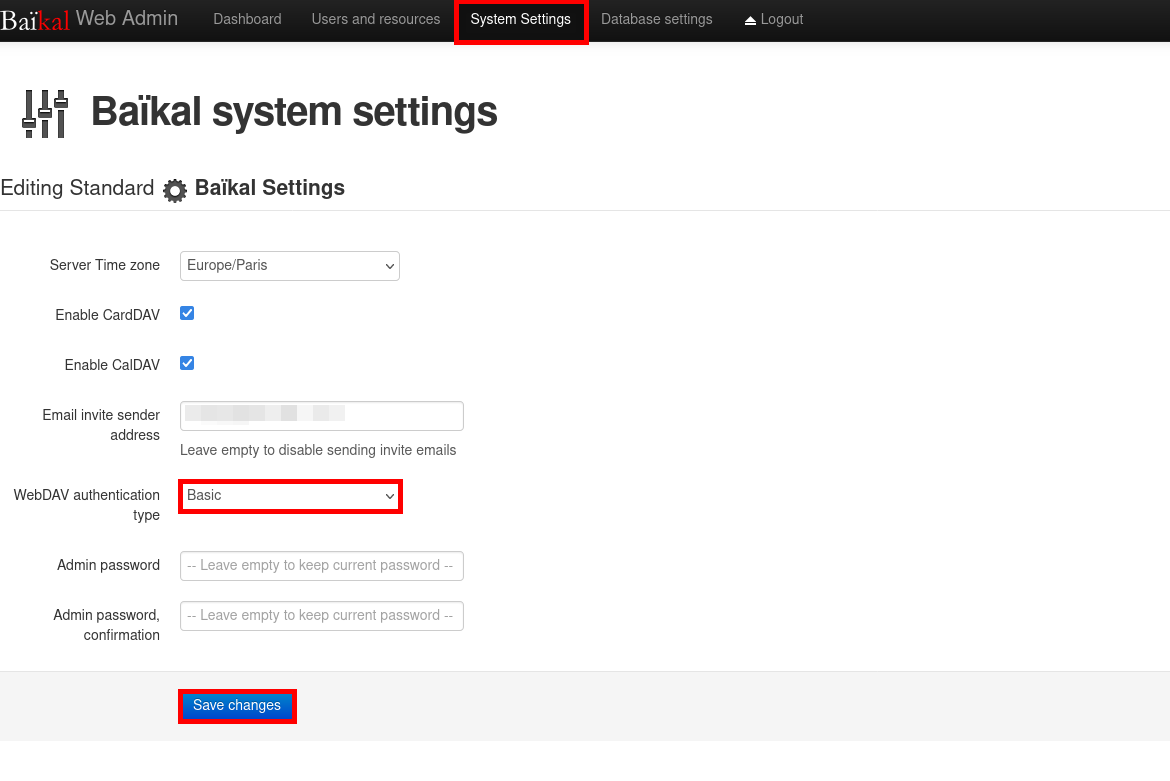 The Baïkal WebDAV authentication type menu.