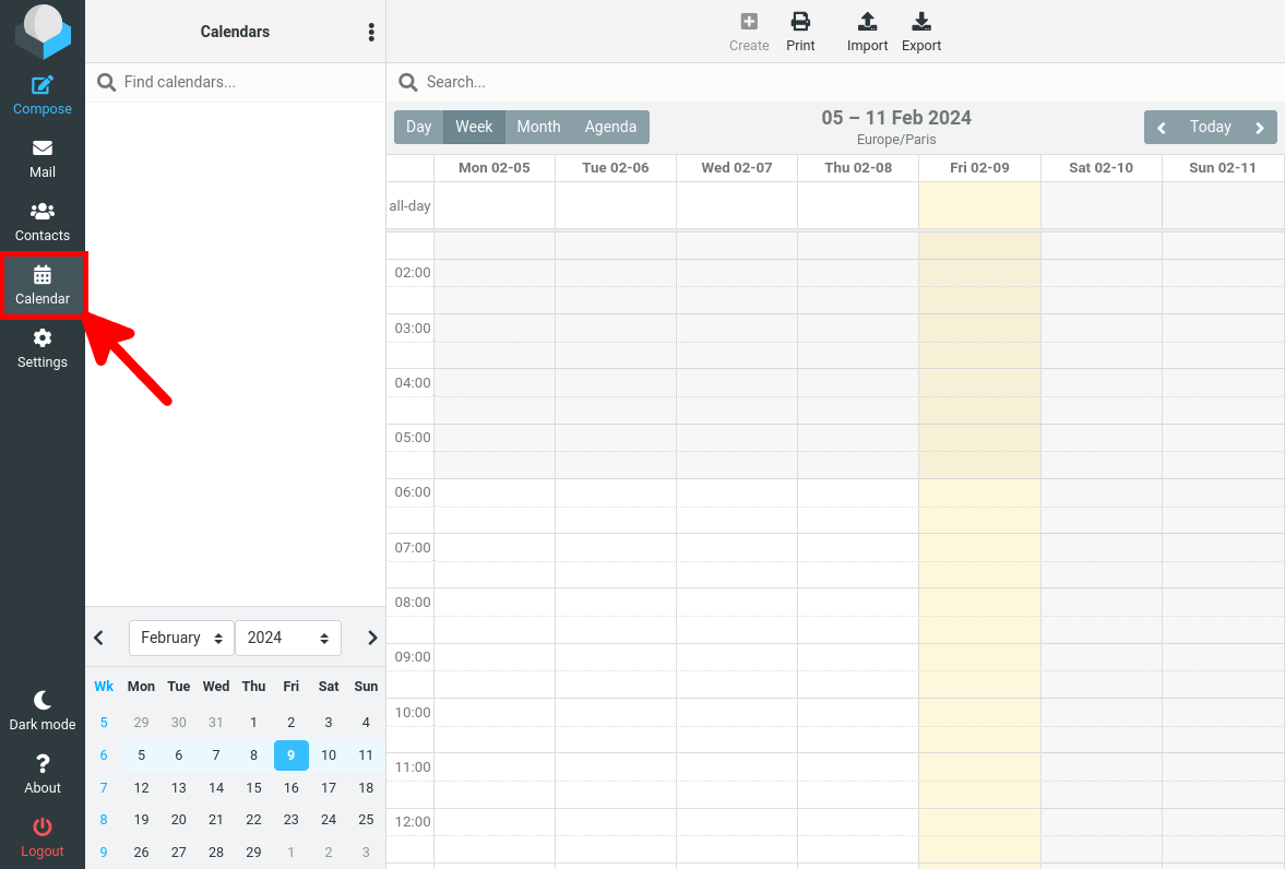 Rouncube web interface with the calendar plugin