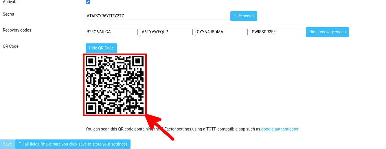 Roundcube interface 2FA plugin with QR Code and recovery codes