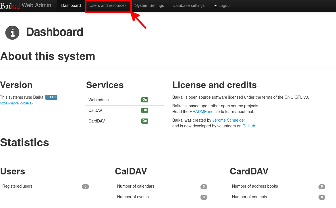 Baïkal web administration dashboard showing system information, services status, and access to users and resources