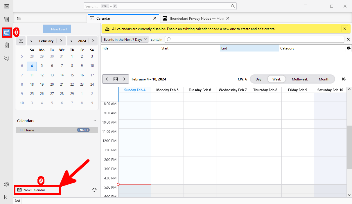 Mozilla Thunderbird calendar main interface showing the calendar view and the option to add a new calendar