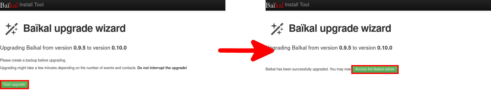 Baïkal upgrade wizard screen showing upgrade from version 0.9.5 to 0.10.0 with start upgrade and access admin buttons highlighted