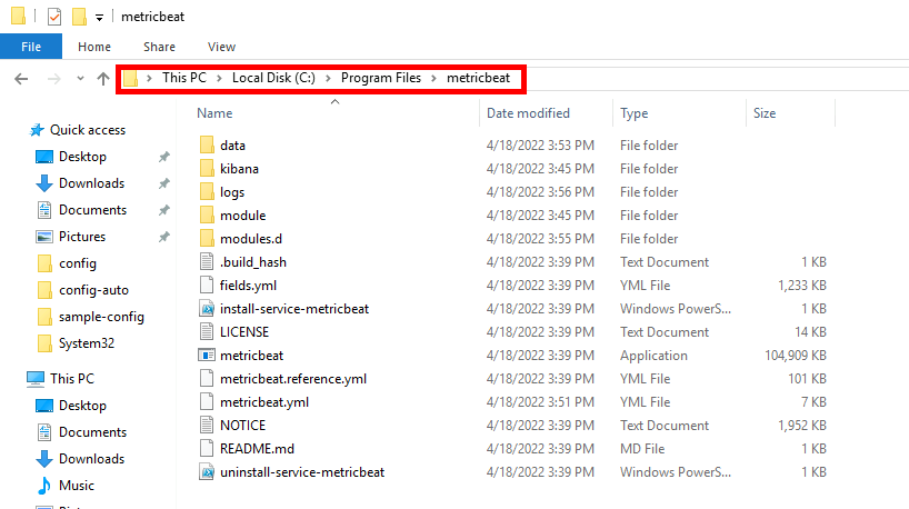Elasticsearch | Windows Explorer, C:\Program Files\Metricbeat