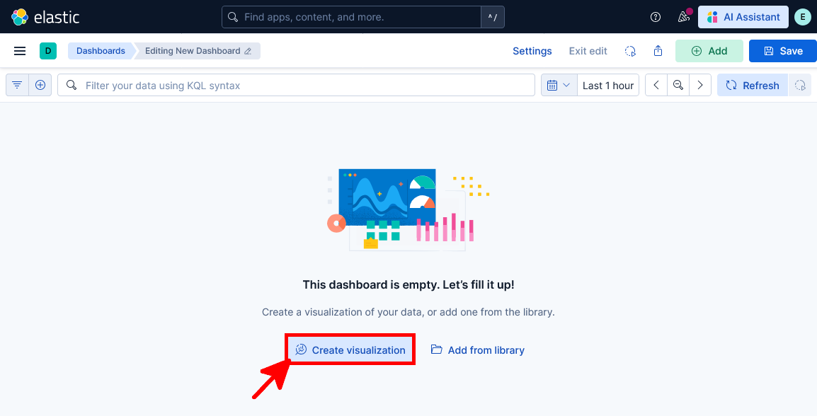 Empty Kibana dashboard with the Create visualization button highlighted