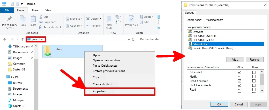 Screenshot showing the properties and permissions of a Samba share on Windows, highlighting security settings for user groups and administrators.