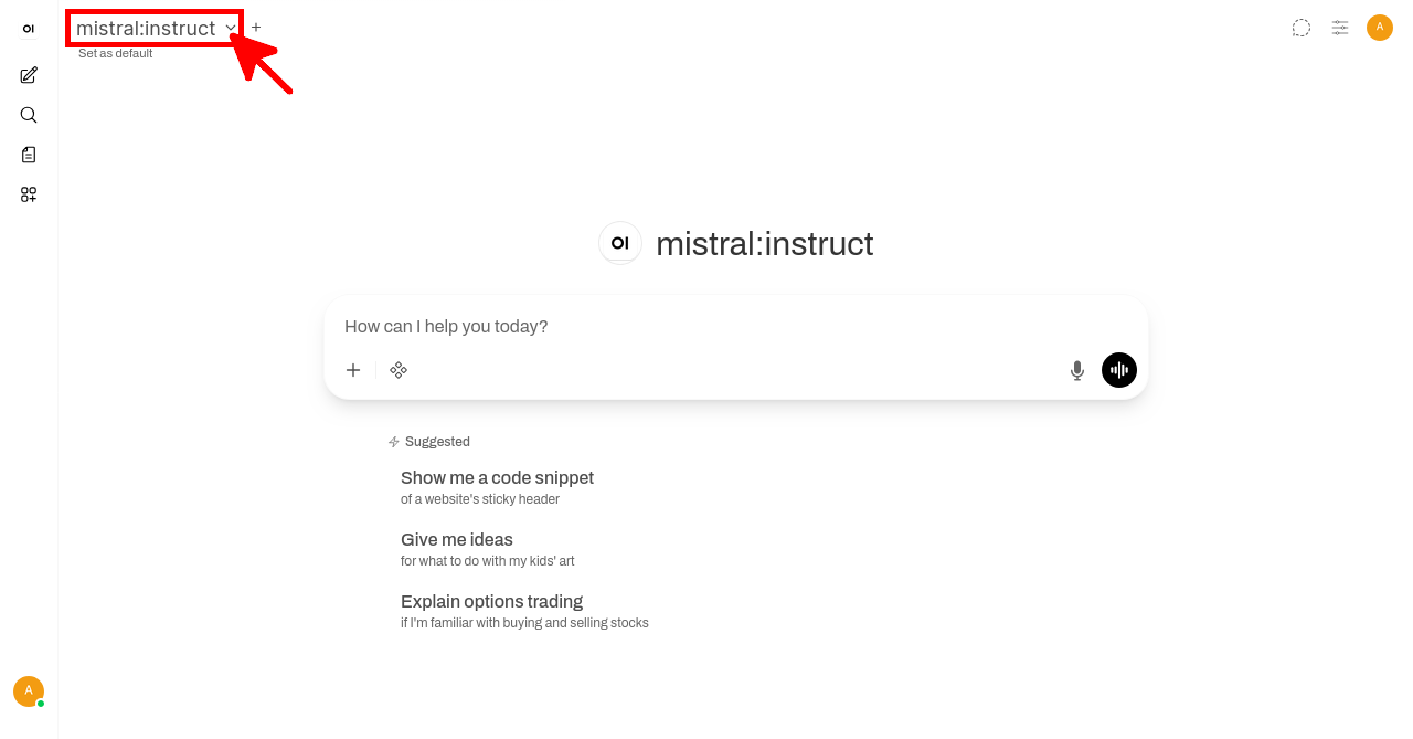 Selecting the mistral:instruct Ollama model in the Open WebUI interface