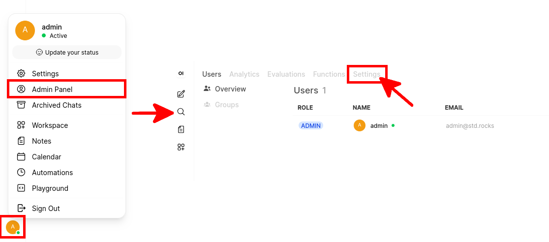 Opening the Admin Panel and Settings page in Open WebUI