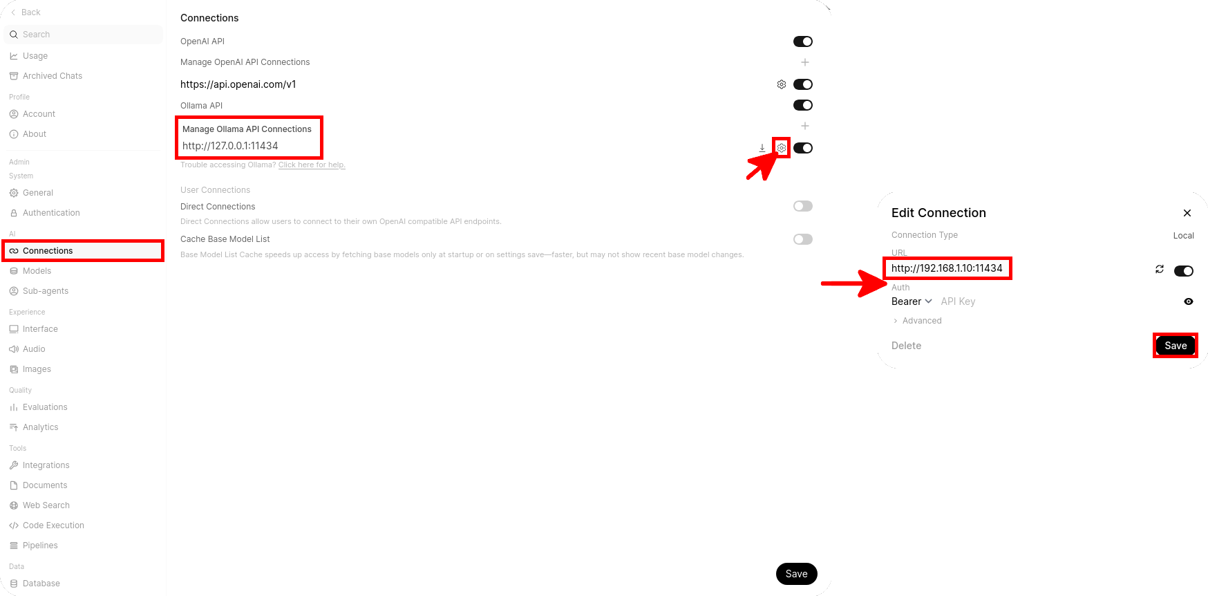Editing the Ollama API connection in Open WebUI to use a remote Ollama server