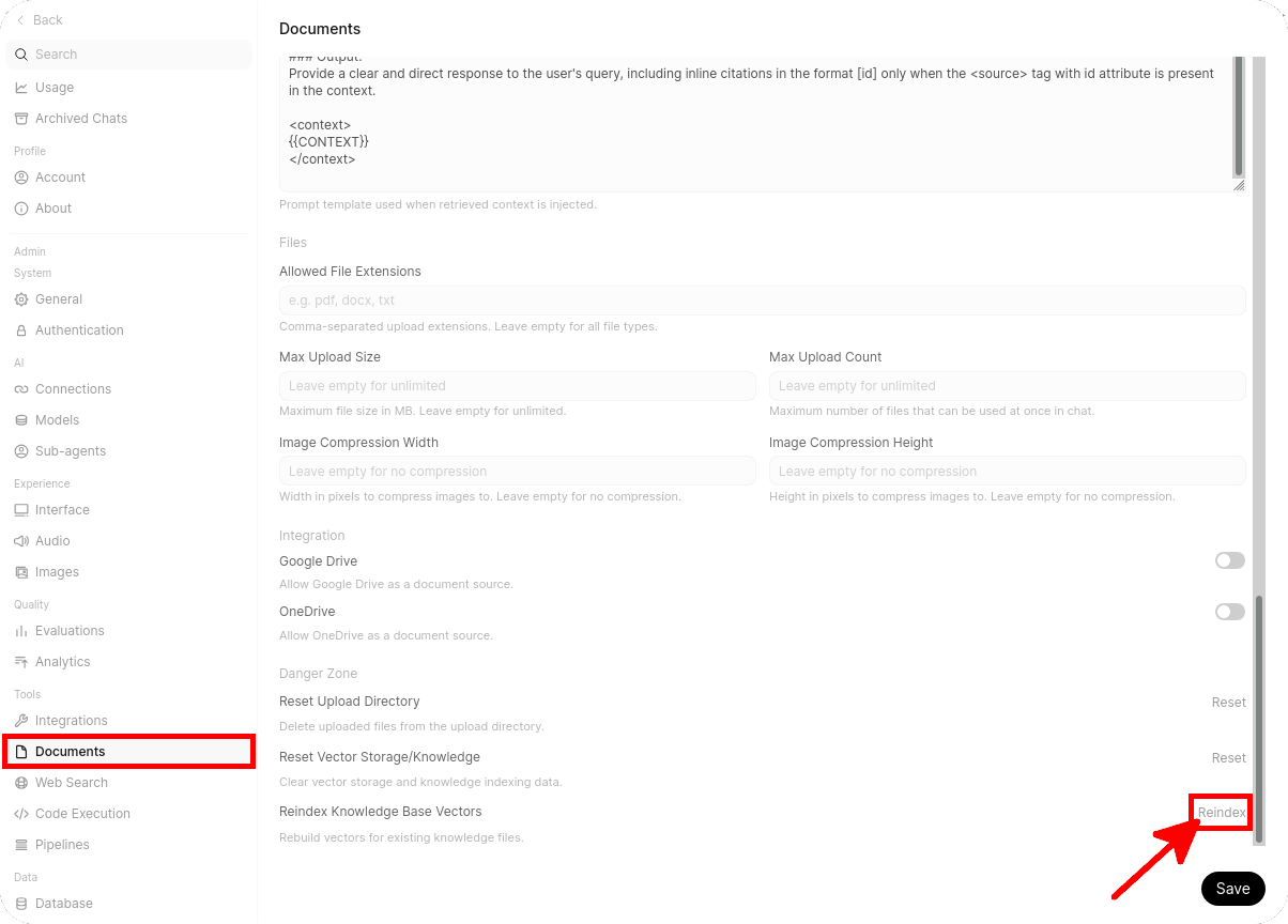 Open WebUI Documents settings showing the Reindex Knowledge Base Vectors section with the Reindex button highlighted