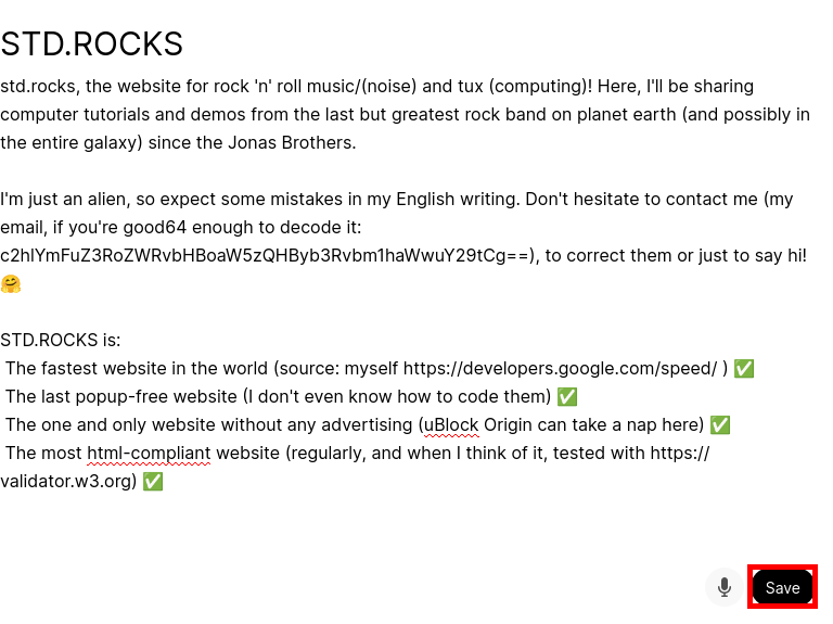 Open WebUI text editor containing information about the STD.ROCKS website with the Save button highlighted