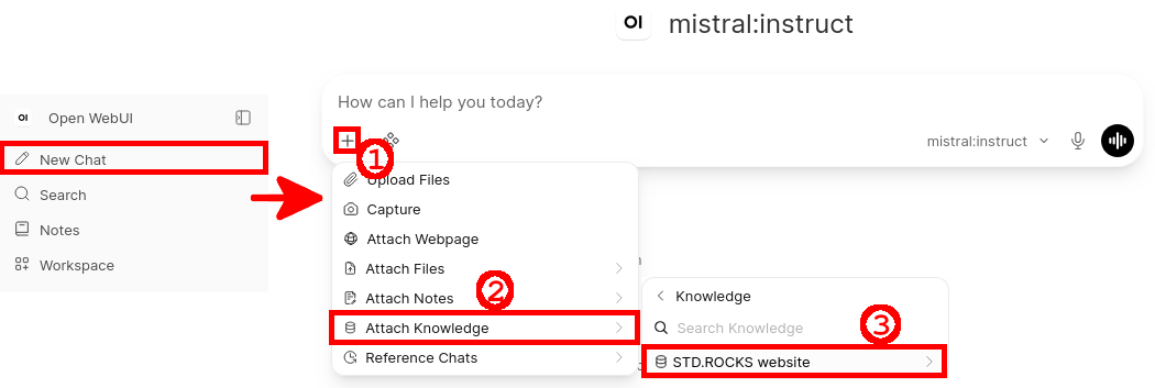 Open WebUI New Chat interface showing the plus menu, the Attach Knowledge option, and the STD.ROCKS website Knowledge Base selected