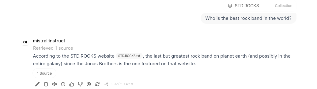Open WebUI conversation showing a question about the best rock band, an answer generated by mistral:instruct, and one retrieved source from the attached STD.ROCKS Knowledge Base