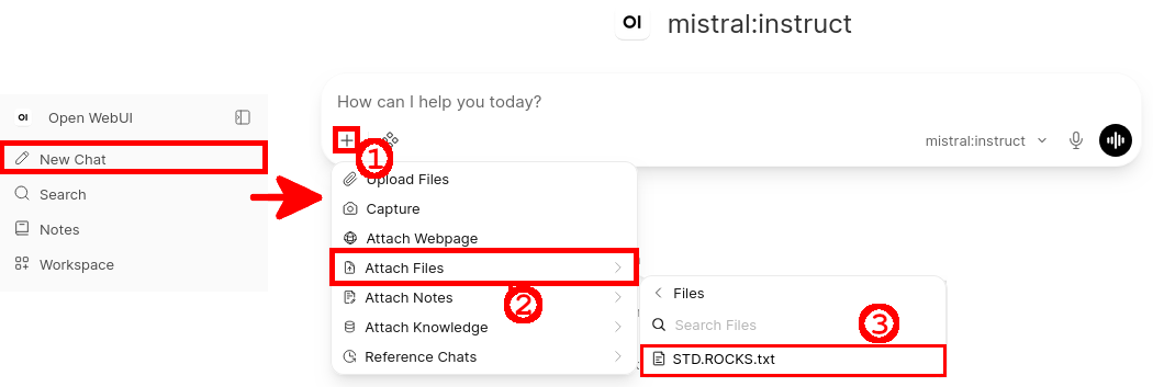 Open WebUI New Chat interface showing the plus menu, the Attach Files option, and the STD.ROCKS.txt file selected