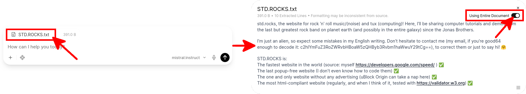 Open WebUI file preview showing the attached STD.ROCKS.txt document with the Using Entire Document option enabled