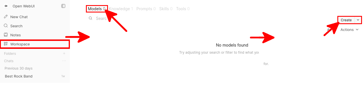 Open WebUI Workspace showing the Models tab and the Create button used to create a new preconfigured RAG model