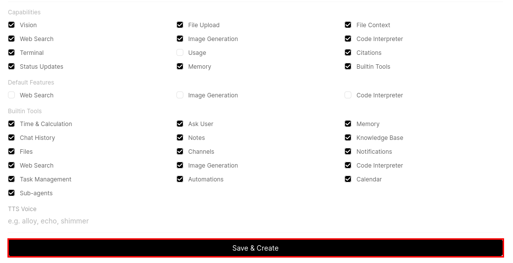 Open WebUI model configuration page showing capabilities, default features, built-in tools, and the Save and Create button