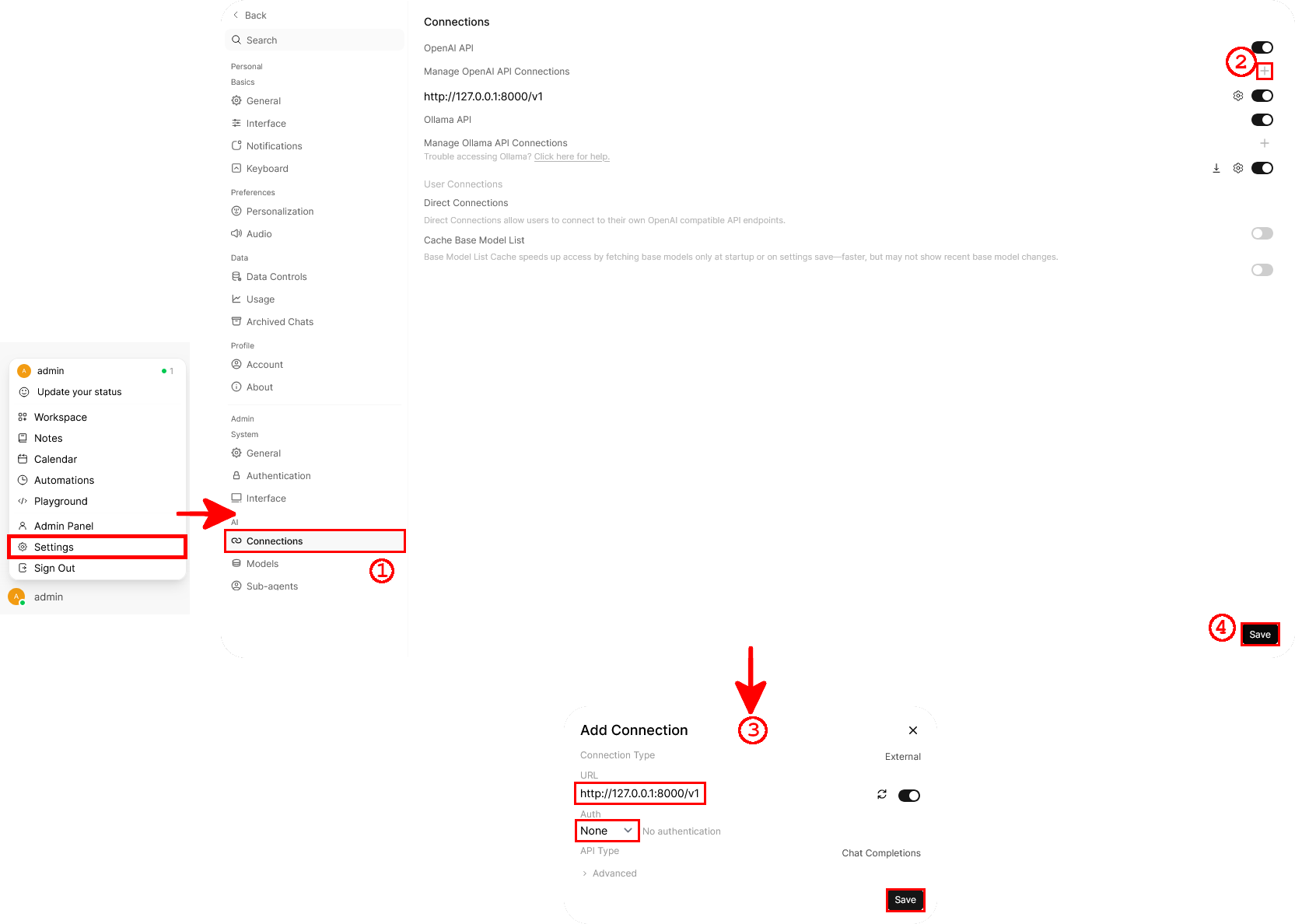 Open WebUI connection settings showing how to configure a vLLM OpenAI-compatible API endpoint at 127.0.0.1:8000