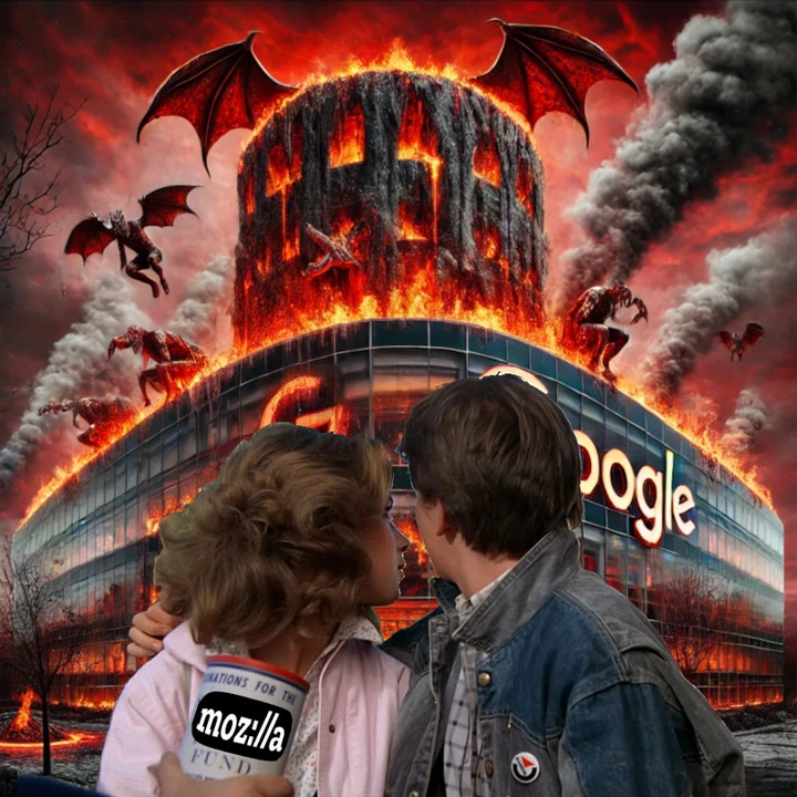 Marty McFly et Jennifer Parker watch as a Google building is engulfed in flames, attacked by demonic creatures, with a call to support Mozilla.