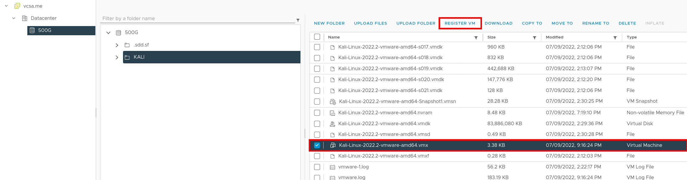 VMware ESXi interface showing the Register VM option highlighted for the Kali Linux VMX file