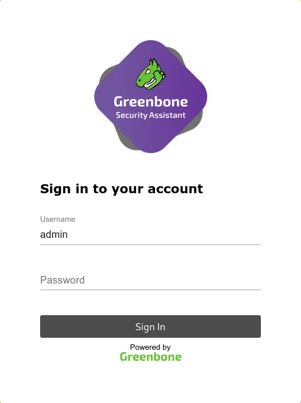 Greenbone Security Assistant login page showing username and password fields