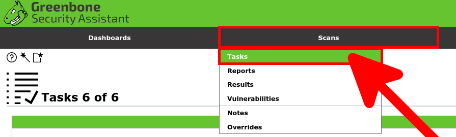 Greenbone Security Assistant interface showing the Scans menu and highlighting the Tasks option