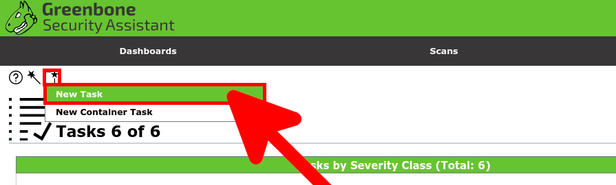 Greenbone Security Assistant interface highlighting the New Task option under the Scans menu