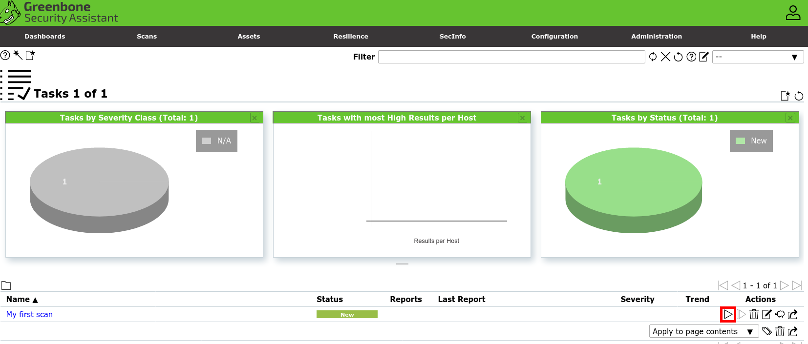 Greenbone Security Assistant dashboard showing task status with the play button highlighted to start a scan