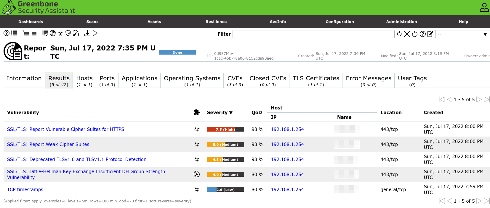 Greenbone Security Assistant vulnerability scan report showing detected issues with severity levels and affected hosts