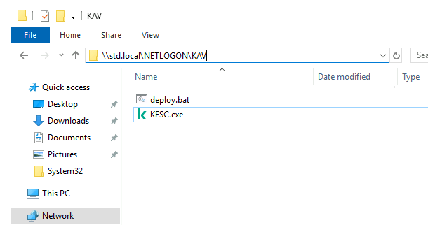 Screenshot showing the NETLOGON folder containing deployment files for Kaspersky, including a batch script and an executable file.